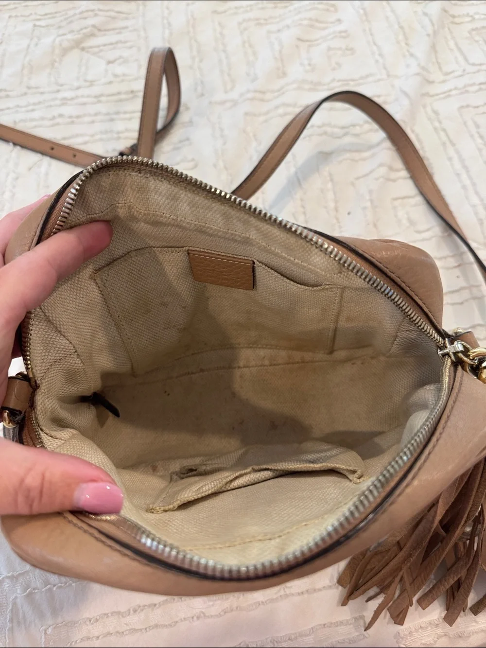 Gucci Tan Pebbled Leather Crossbody with Tassel